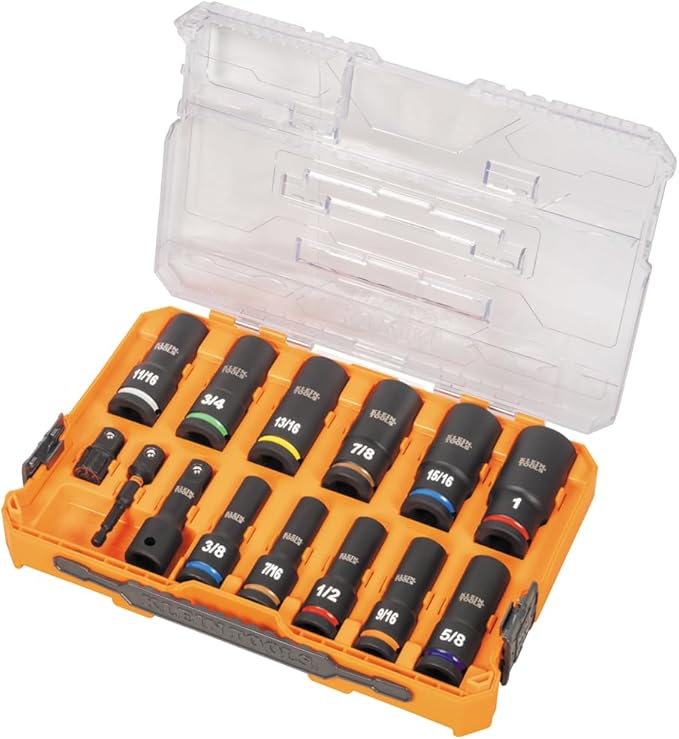 Klein Tools 65111IMPCT KNECT Deep-Well Impact Socket Set, 1/2-Inch Drive, SAE, Color Coded, MODbox Case, Impact Adapter and Extension, 14-Piece