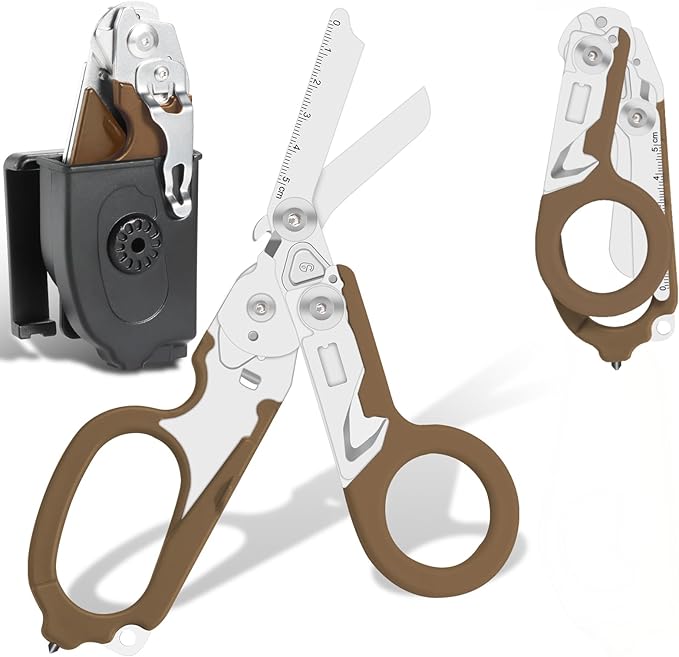6-in-1 Heavy Duty Emergency/Trauma Shears, with Carbide Glass Breaker, Ring Cutter, Foldable, Stainless Steel Multi-Purpose Scissors for Hospital, Home, Camping, and Travel Rescue Tools (Tan)