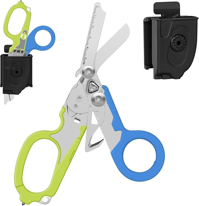 6-in-1 Heavy Duty Emergency/Trauma Shears, with Carbide Glass Breaker, Ring Cutter, Foldable, Stainless Steel Multi-Purpose Scissors for Hospital, Home, Camping, and Travel Rescue Tools (Green+Blue)