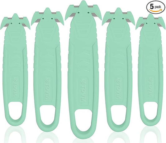 Safety Box Cutter, T TOVIA Sharp Durable Stainless Steel Concealed Blade Package Opener with Tape Splitter for Cartons, Cardboard, Wrap, Straps, Film (5 Pcs - Green)