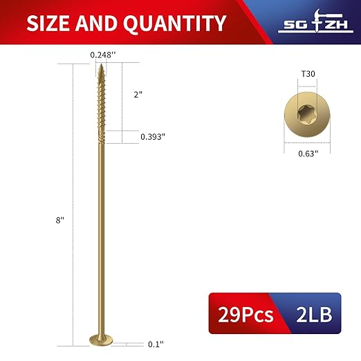 #14 x 8 Inch Outdoor Structural Wood Deck Screws (29Pcs/2lb), Carbon Steel, Tan, Flat Head, Rust Resistant Epoxy Coated, T30 Star Bit