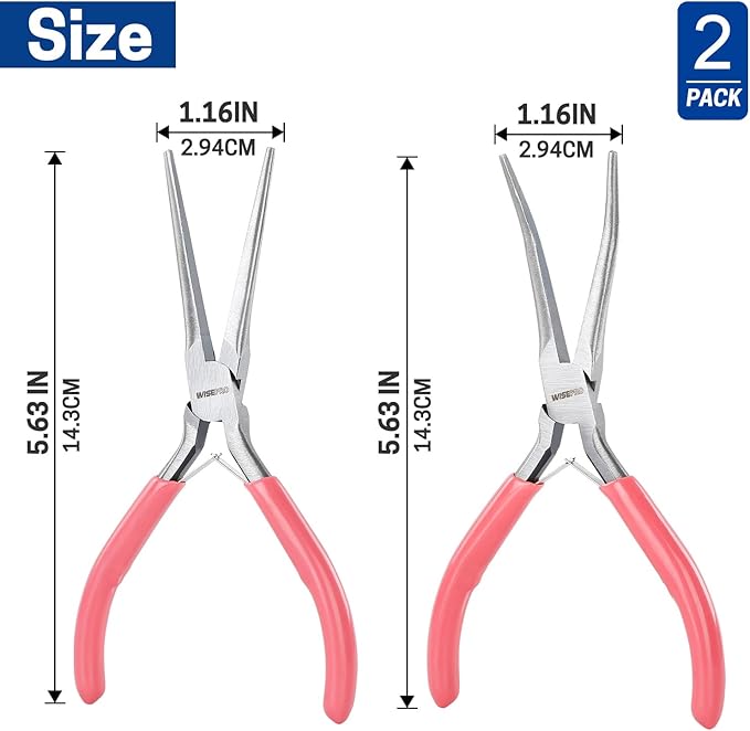 2 PCS Mini Needle Nose Pliers Set, 6 Inch Pink Jewelry Plier Kit with Jump Ring and Tweezer, Pink Tool Set for Women Jewelry Making, Repair and Crafts