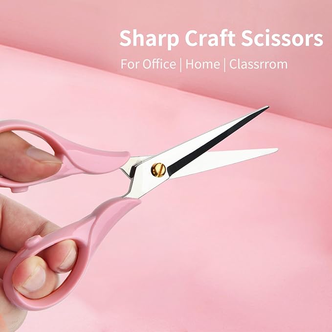 Creechw 6.3" Multi-purpose Scissors with Stainless Steel Blade and Acrylic Handle, Craft Scissors for Office, School, Home, Cute Desk Supplies, Tijeras, Pink
