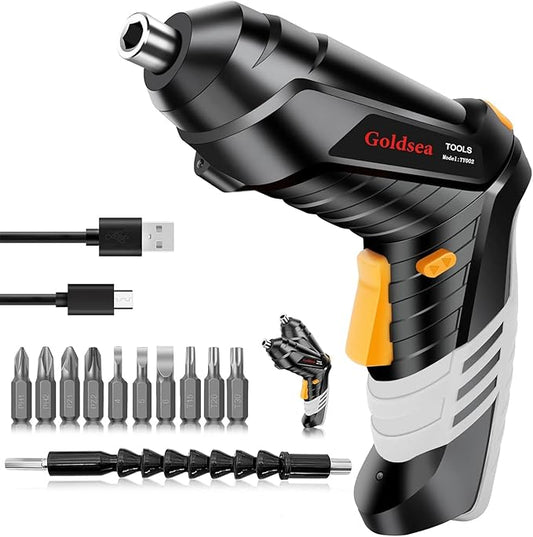 Electric Screwdriver Goldsea 4.2V Cordless Screwdriver 3.5N.m 1500mAh Type-C Charging 10pcs Screwdriver Bits 1/4??Hex Chuck 90째/180째 deformation handle Forward and reverse adjustment LED Light
