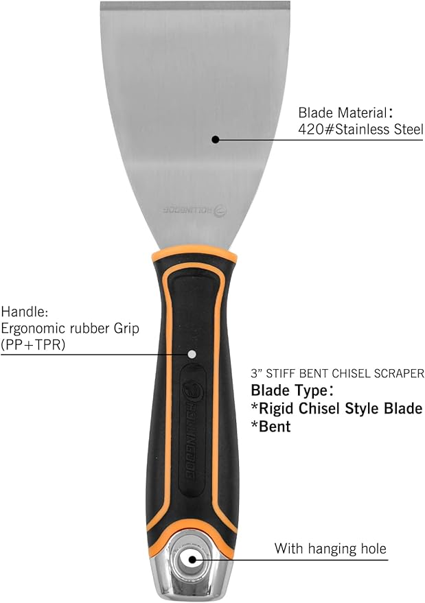 ROLLINGDOG 3 Inch Paint Scraper - Stiff Putty Knife Chisel Scraper Tool Stainless Steel Bent Blade Wallpaper Stripping Tool(Pack of 2)