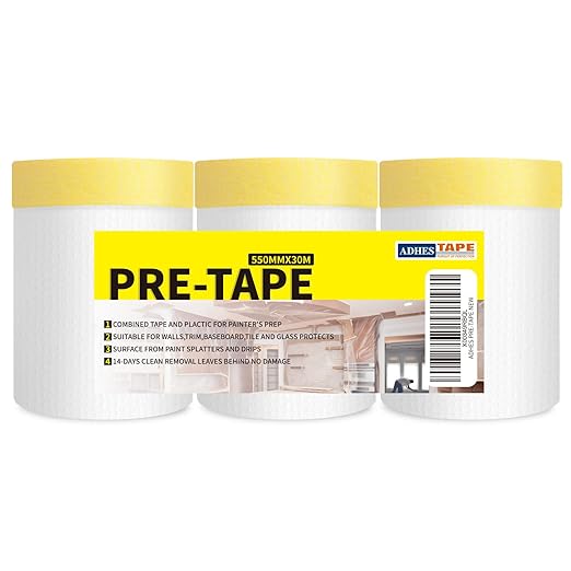 ADHES Pre Taped Masking Film with Adhesive Edge, 22 inch x 98 feet, 3 Rolls No Residue Masking Tape for Painting, Automotive, and DIY Projects Tape and Drape for Floor Furniture Protection