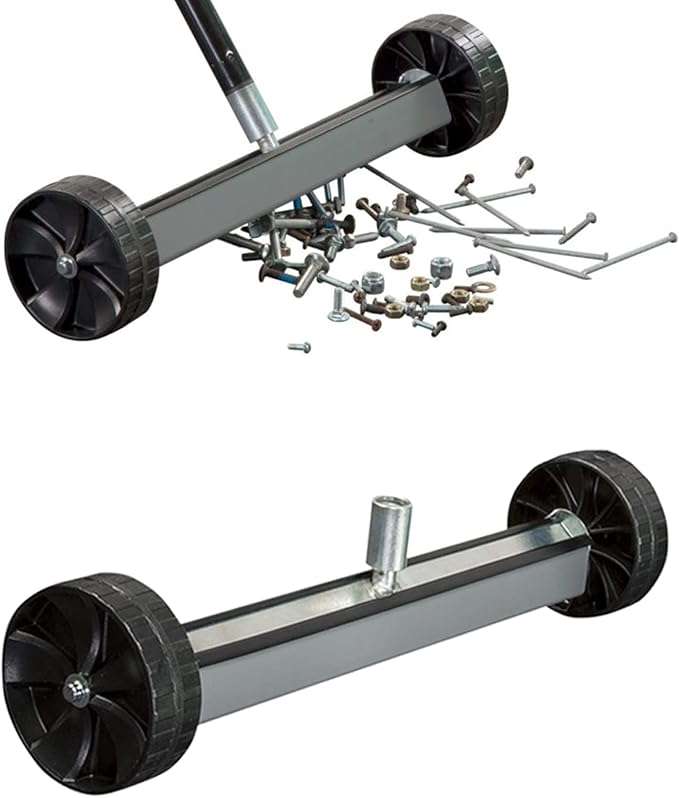 Quick-Release Rolling Magnetic Sweeper, Proudly Made-in-The-USA, 14-Inch Nail Magnet Sweeper on 4-inch Poly Wheels, for Easy Metal Debris Clean-Up. Professional Edition. Handle Sold Seperately!