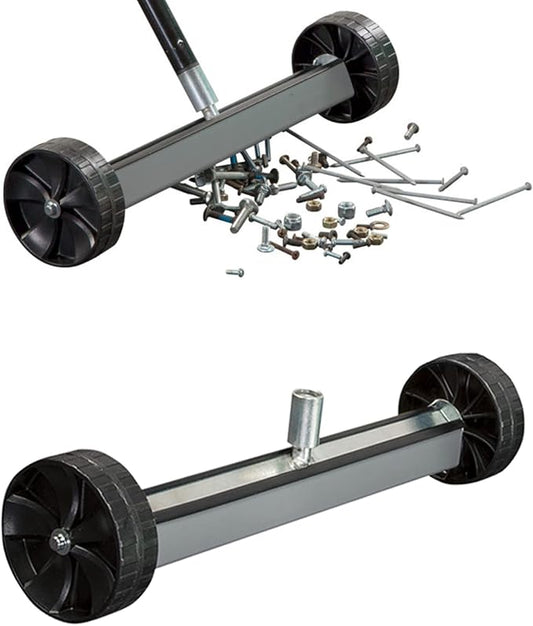 Quick-Release Rolling Magnetic Sweeper, Proudly Made-in-The-USA, 14-Inch Nail Magnet Sweeper on 4-inch Poly Wheels, for Easy Metal Debris Clean-Up. Professional Edition. Handle Sold Seperately!