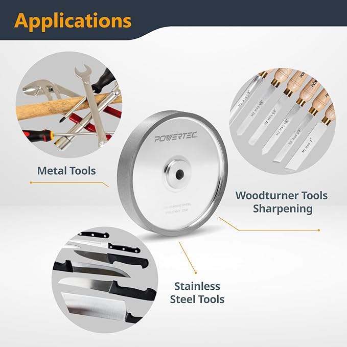 POWERTEC CBN Grinding Wheel 6 Inch 320 Grit, 1" Wide, 1/2" Arbor ??Bench Grinder Sharpening Wheel for HSS Tools, Lathe Chisels, and Woodturning Tools (15703)