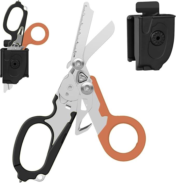 6-in-1 Heavy Duty Emergency/Trauma Shears, with Carbide Glass Breaker, Ring Cutter, Foldable, Stainless Steel Multi-Purpose Scissors for Hospital, Home, Camping, and Travel Rescue Tools (Black+Orange)