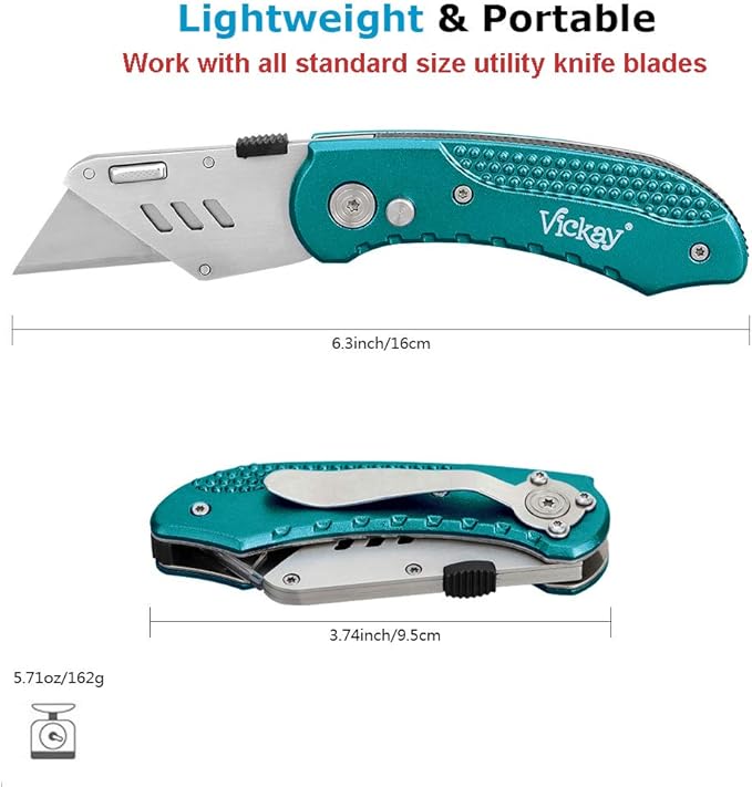Vickay Box Cutter Knife Utility Knife with 5 SK5 Quick Change Blades, Safety Axis Lock Design Razor Knife, Lightweight Aluminum Body Belt Clip for Office