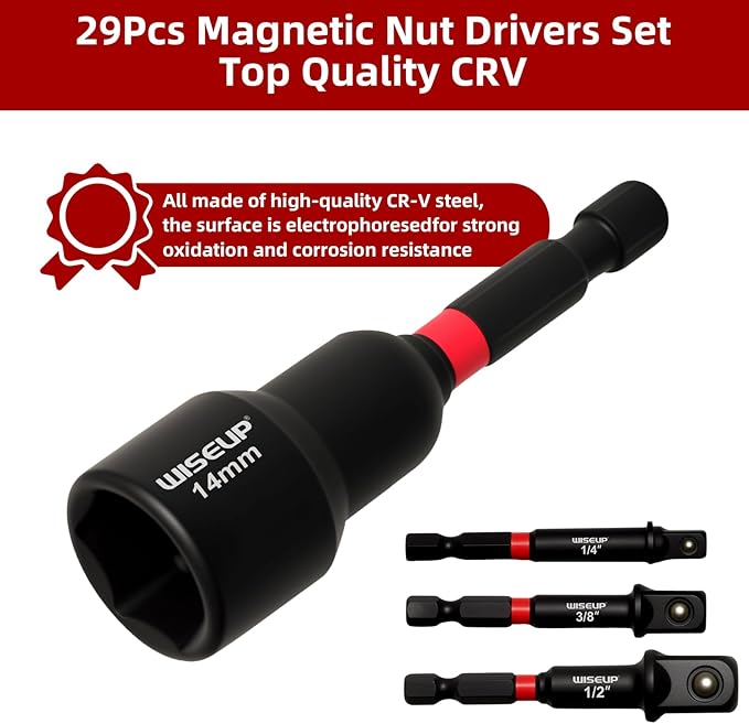 WISEUP 29PCS Magnetic Nut Driver Set，Impact Drill Driver Bit Set & 1/4" Hex Shank，Cr-V Steel SAE & Metric Power Nut Drivers，Includes Magnetic Bit Holder, Quick Release Extension with Storage Bag