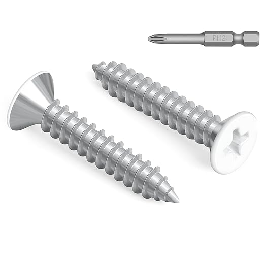 100 PCS #6 x 3/4" White Head Sheet Metal Screws, Flat Head Phillips Fast Self Tapping Screws, Countersunk Head Wood Screws, Screwdriver Bit Included