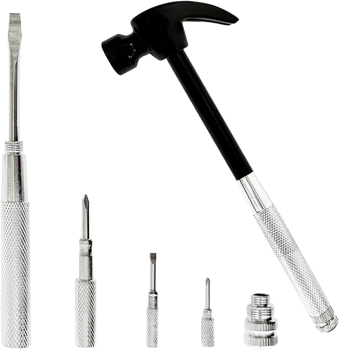 Multifunction 6 in 1 Screwdriver and Small Hammer Set, Camping Multitool Hand Tool Choice (Black)