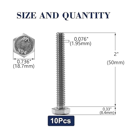 1/2-13 x 2 Hex Head Screw Bolt, 10Pcs 18-8 (304) Stainless Steel, Fully Threaded, Plain Finish, by SG TZH