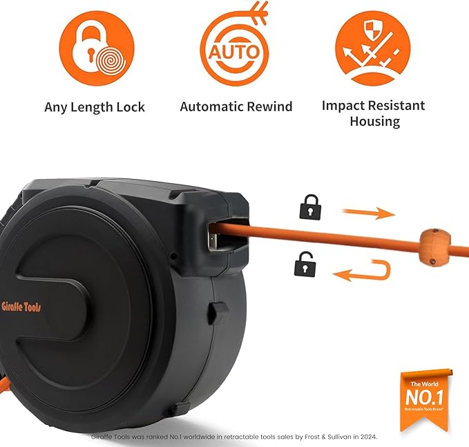 Giraffe Tools Retractable Air Hose Reel Enclosed with 3/8 in. x 50 ft Hybrid Hose, Lightweight Compressor Hose Reel Wall Mounted with 180째 Swivel Bracket, 300 PSI