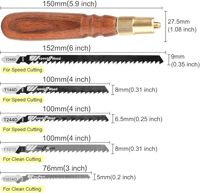 TOOLCOOL Wooden Handle Mini Hand Saw Small Jig Saw With 5 Pcs Fine Coarse Teeth Jigsaw Blades Woodworking Tools for Wood Cutting and Tree Branch Trimming (Round Handle)