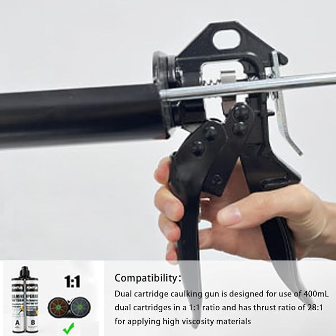 Dual Caulking Gun for 400 mL / 13.5 fl oz, Double Cartridge Epoxy Gun, 28:1 Thrust Ratio, Hand Manual Black Panel Bond Adhesive Caulk Gun (1:1 Mix Ratio)