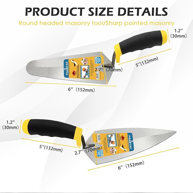2 Pcs Masonry Trowel Set, 6" Round & Pointed Trowel Masonry, Set with Soft Non-Slip Handle, for ConcreteCement Plastering Tiles