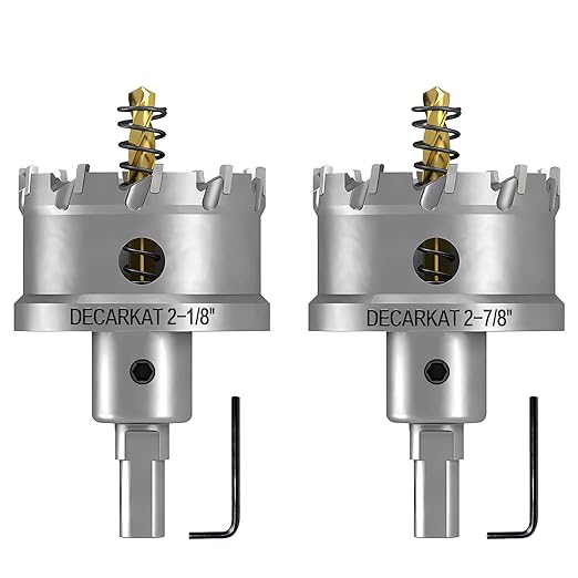 2-Pack 2-1/8" TCT Hole Saws for Hard Metal, Heavy Duty 54mm Tungsten Carbide Tipped Hole Cutters Set with Spring-Loaded Pilot Drill Bits for Stainless Steel, Metal, Iron, and Plastic.