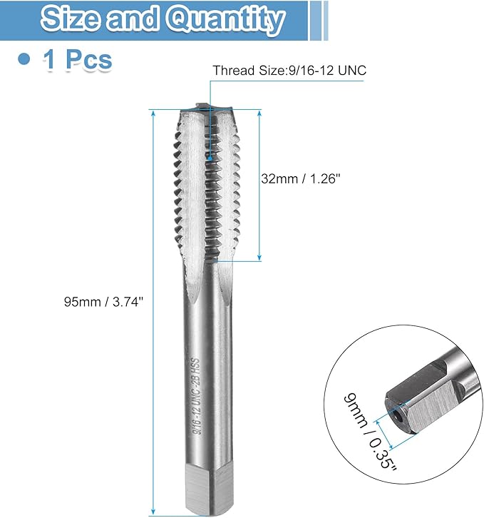 uxcell Hand Bottom Tap 9/16-12 UNC 2B Thread Bottoming Style Threading Taps High Speed Steel HSS6542 Straight Flutes Screw Tapping Tool