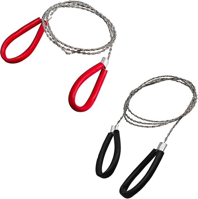 2 Pack 20.8 Inch Heavy Duty Survival Wire Saw, Stainless Steel Emergency Pocket Size Wire Saw Outdoor Tool for Wood, Rubber, Plastic, Outdoor (1 Red+1 Black)