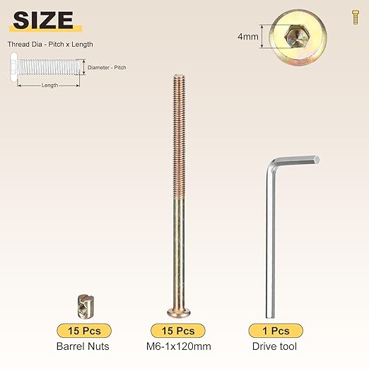 METALLIXITY Furniture Crib Screws Replacement Set with Wrench(M6-1x120mm) 30Pcs, Connector Bolt M6 Screw Barrel Nuts Binding Screws, for Chair Cabinet Bed, Yellow