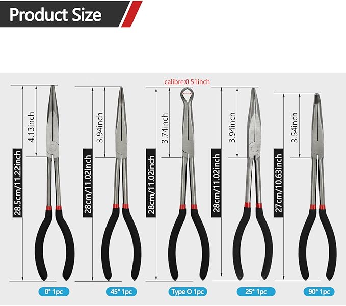 5 Pack 11" Precision Long Nose Pliers Set with Insulated Comfort Grip Handles,Straight Long Needle Nose Pliers, 25/45/90째 Curved & Circle for Wire Shaping/Trimming