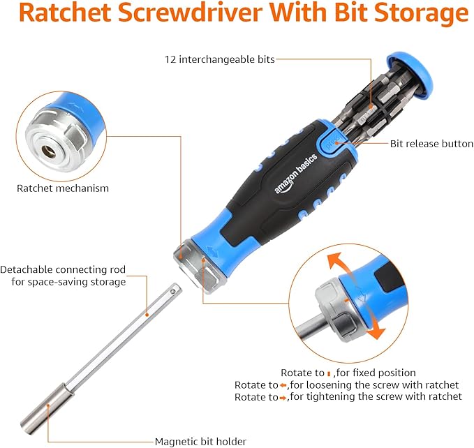 Amazon Basics 12 Piece Ratcheting Magnetic Screwdriver Set with Multiple Bits, Black, Blue, Silver