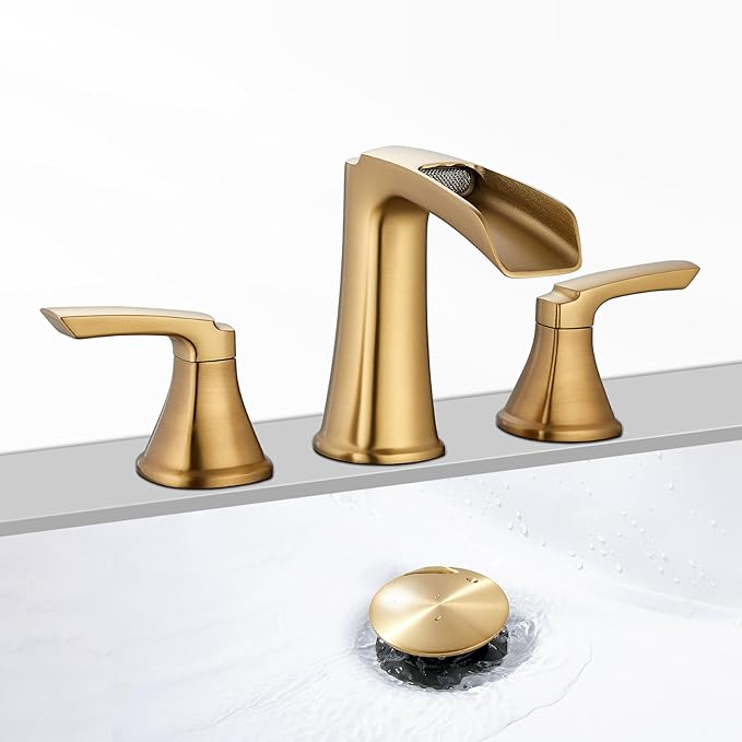 Brushed Gold Waterfall Bathroom Faucet, Sanliv 3-Piece Widespread Bathroom Sink Faucets, 2-Handle Vanity Faucet for 3-Hole Sinks 4-8 Inch with Pop-Up Drain, Brushed Gold