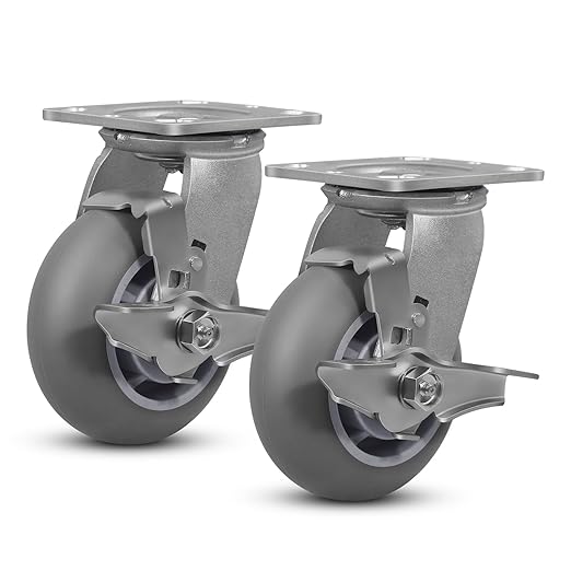 5"x 2" Heavy Duty Caster, Thermoplastic Rubber Wheels(Crown Tread)- 400 Lbs Per Casters, Plate Caster for Furniture Platform Trucks Workbench(2 Pack Brake)