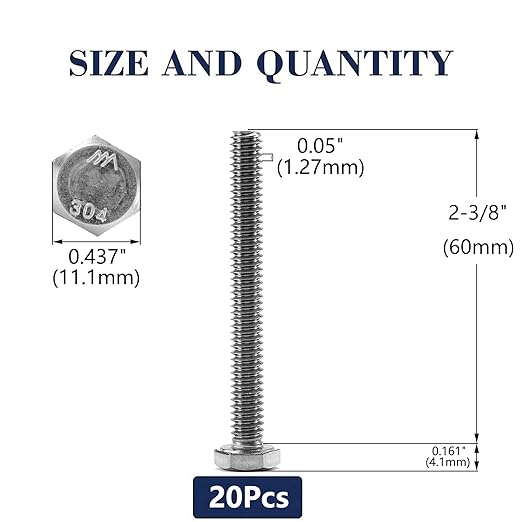 1/4-20 x 2-3/8" Hex Head Screw Bolt, 20Pcs 18-8 (304) Stainless Steel, Fully Threaded, Plain Finish, by SG TZH