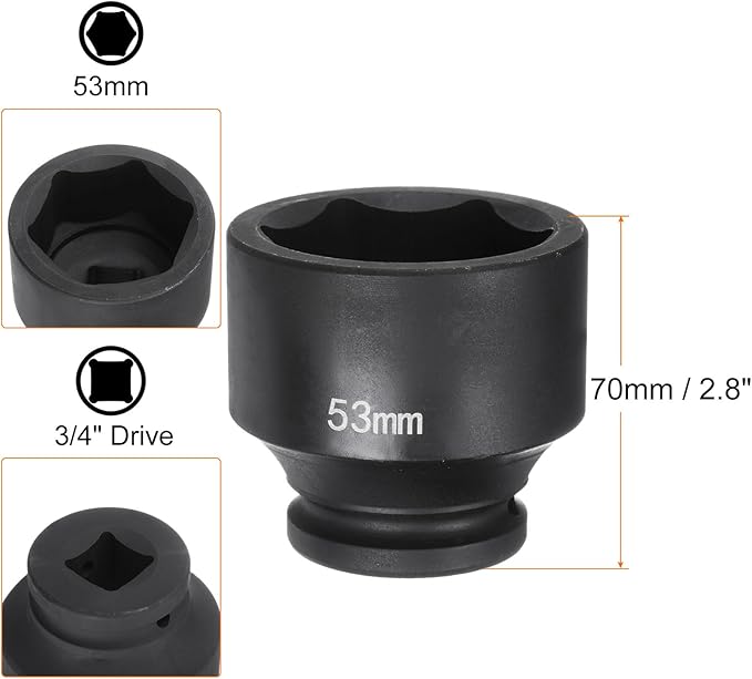HARFINGTON 6-Point Impact Socket 3/4" Drive 53mm Metric 40Cr Alloy Steel Spindle Axle Nut Impact Socket