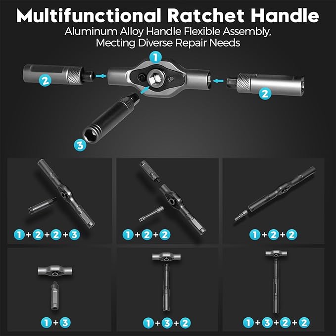 42 in 1 Magnetic Screwdriver - Multi Bit Ratchet Screwdriver Set: T Handle Ratchet Screwdriver Set with Storage Case for Computer, Eyeglass, Bicycles, Ring Doorbell, Furniture and DIY,Grey