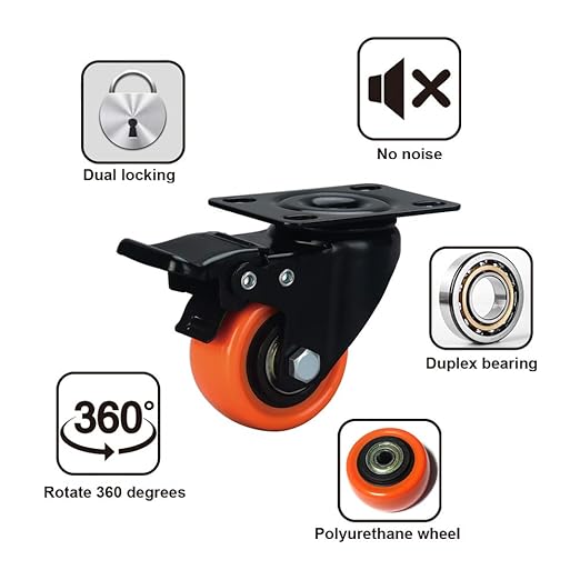 2" Caster Wheels, Casters Set of 4 Heavy Duty - ASRINIEY Orange PU Castors, Top Plate Swivel Wheels, 4-Pack Industrial Casters with Brake, Locking Caster for Furniture and Workbench