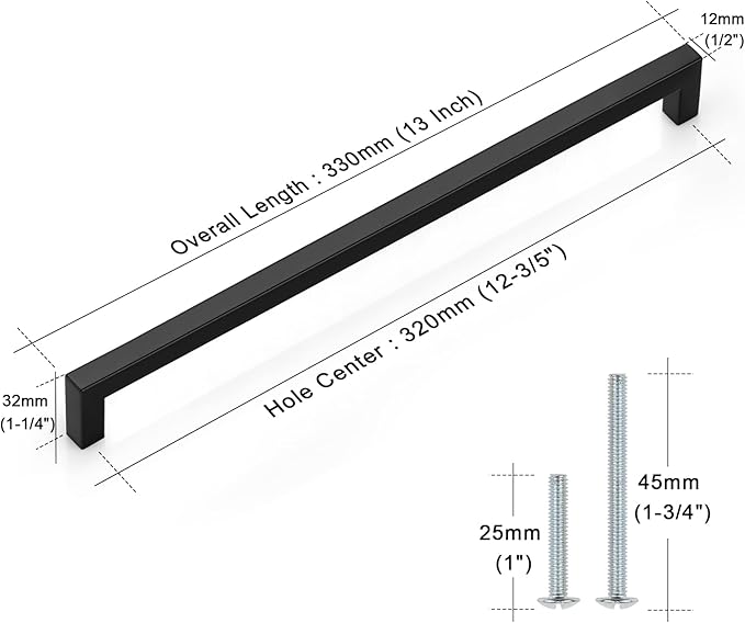 Probrico 15 Pack 12-3/5" Hole Centers Cabinet Pulls Black Drawer Handles - Kitchen Cabinet Handles Modern Suqare Bar Pulls Stainless Steel Cabinet Hardware for Dresser Bathroom Bedroom Laundry