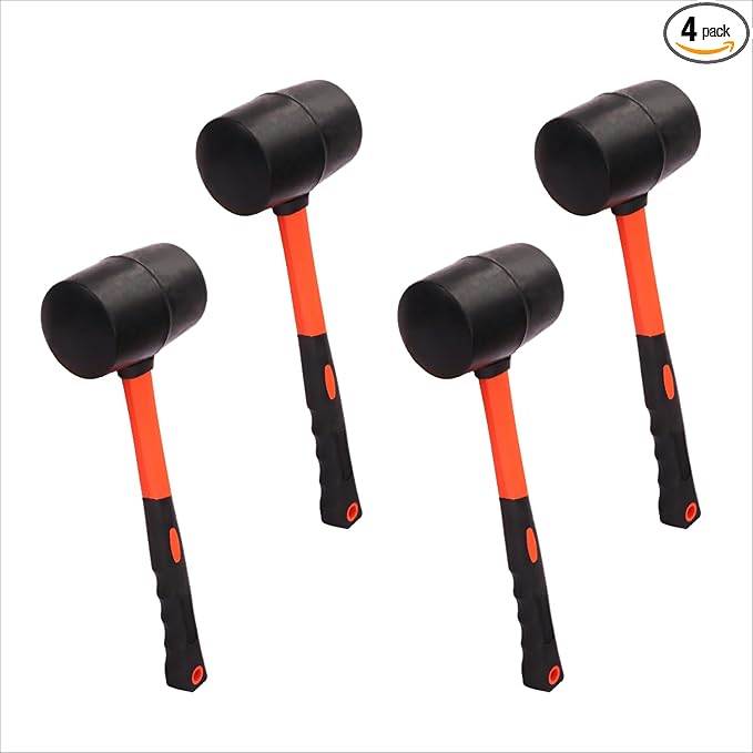 4 PCS 16 OZ Rubber Mallet, Rubber Hammer Head With Black-Yellow Fiberglass Handle Perfect For Wood, Metal, Plastic, Glass, And Ceramics. By GENHAKON