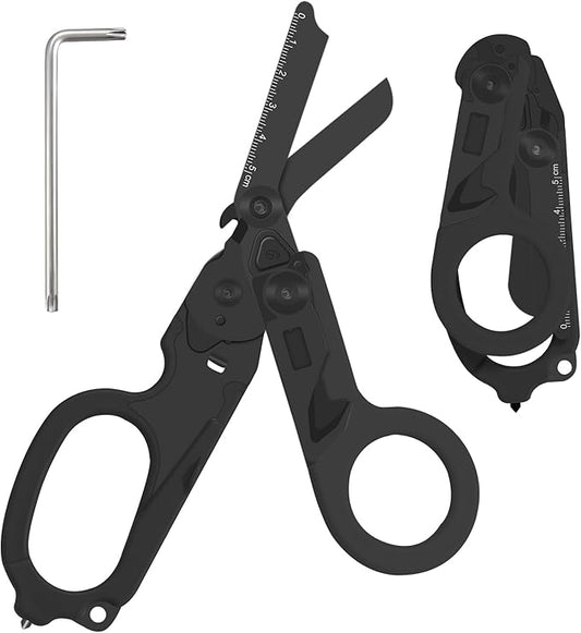 6 in 1 Multifunctional Combination Tool, Folding Retractable Emergency Shears, Outdoor Camping Tools, Seat Belt Cutter, Oxygen Cylinder Wrench, Complimentary Adjustable Wrench (Electroplating black)