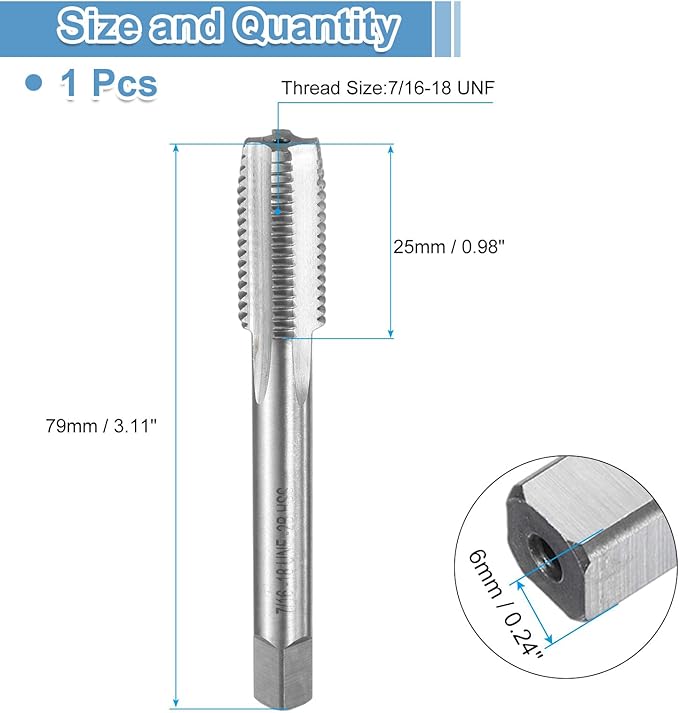uxcell Hand Bottom Tap 7/16-18 UNF 2B Thread Bottoming Style Threading Taps High Speed Steel HSS6542 Straight Flutes Screw Tapping Tool