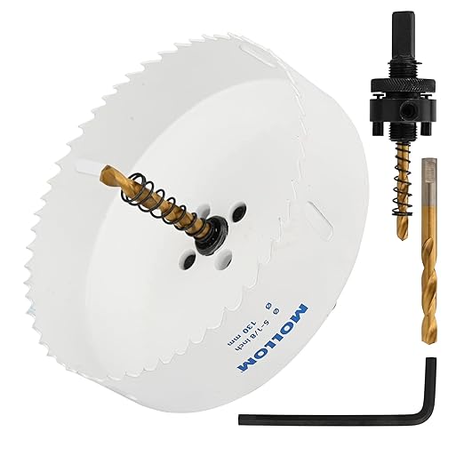 Mollom (130mm | 5-1/8") HSS M42 with 8% Cobalt BI-Metal Hole Saw with 2 Pilot Drill Bits & Arbor Smooth Cutting for PVC,Drywall,Wood,Plastic,Gypsum Board,Rubber