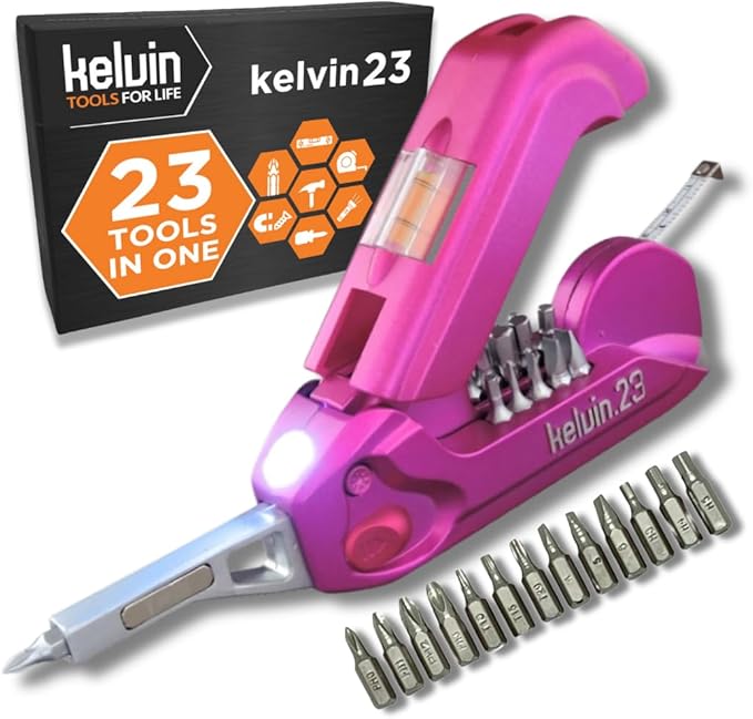 Kelvin Tools Kelvin 23 Urban Multi Tool Screwdriver Set All in One with 16 Bit Set, Tape Measure, Liquid Level, Hammer, Flashlight Multibit Pocket Screwdriver, Universal Precision - Pink