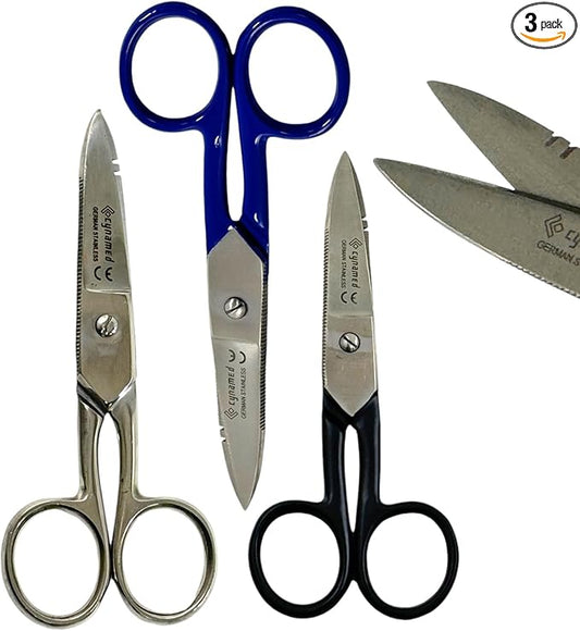 Electrical Wire Cutting and Stripping Scissors 5.25" Length | Electrician Electrical Repair Scissors | German Stainless Steel (Set of 3 - Black + Blue + Silver)