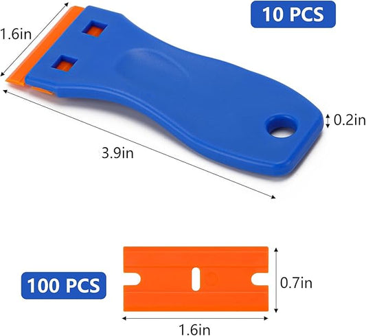 10 Plastic Razor Blade Scraper, 100 Pcs Blades, Remove Label Decal Tool for Stickers, Gaskets and Paints on Window Car Glass