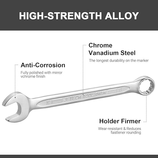 Jetech 16mm Combination Wrench - Industrial Grade, Chrome Vanadium Steel, Sand Blasted Finish, Precision-Machined 12-Point Opening, Off-Cornered Design, 15-Degree Offset