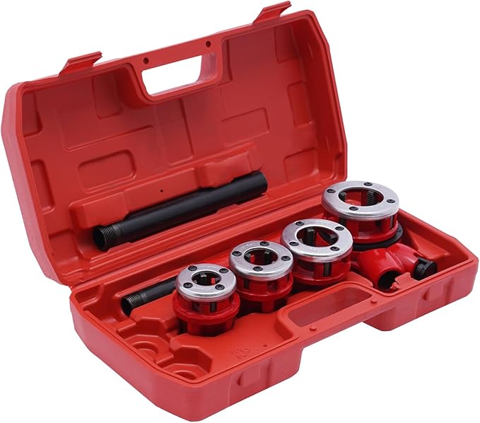 Eapmic Portable Pipe Threading Tool Set Manual Ratchet Pipe Threader Kit Handheld BSTP Ratcheting Pipe Threader with 5 Dies Set 1/2", 3/4", 1", 1-1/4" for Steel, Galvanized, Iron, Plastic Pipes