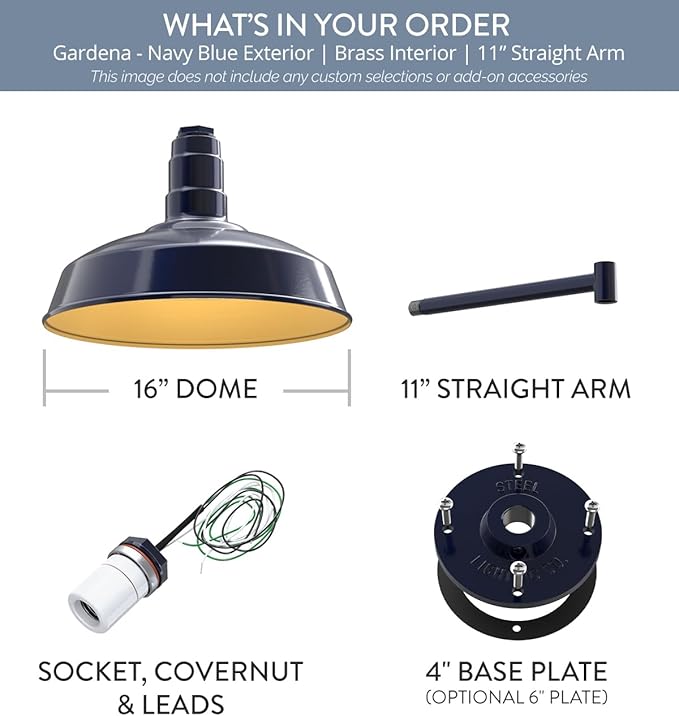 Steel Lighting Co. | Dusk to Dawn | Gardena Barn Light | Outdoor Wall Mounted | 16" Dome | 11" Straight Arm | Farmhouse Light Made in America | Navy Blue/Brass