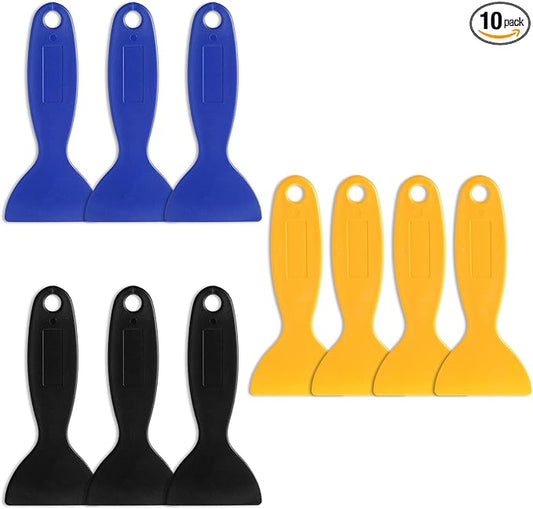 10 Pcs Plastic Putty Knife, Flexible Paint Spatula Resin Putty Knife Caulk Scraper Sticker Remover Tool for 3D Printing, Decal Installation, Air Bubble Removal, Spackling (Black, Yellow, Blue)