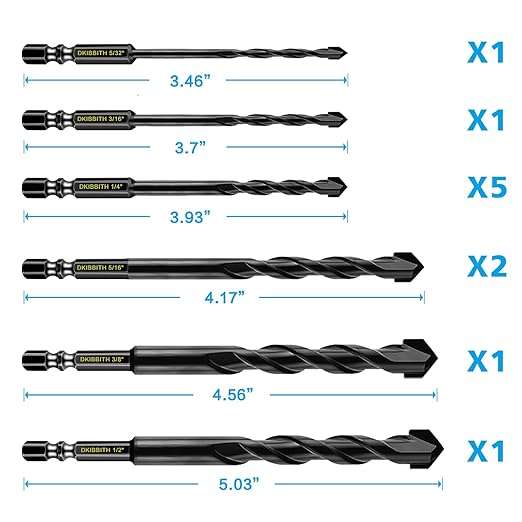 11-pc Masonry Drill Bits Carbide Concrete Drill Bit Set for Stone Tile Brick Ceramic Glass Metal Sheet Plastic and Wood, Quick Change 1/4" Hex Shank, Size 5/32??3/16" 1/4" 5/16" 3/8" 1/2" with Case