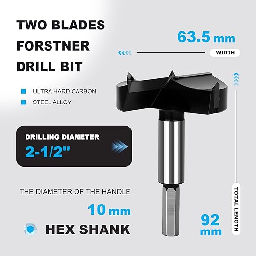 2-1/2 Inch Forstner Drill Bit Carbide Tipped,Woodworking Hinge Cutter for Precise Flat Bottom Holes in Hard Wood,Plywood,Plastic - Professional Grade