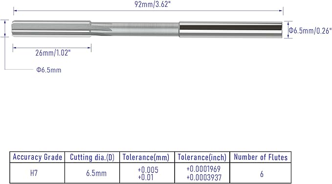 Chucking Reamer 6.5mm, H7 HSS Cobalt M35 Lathe Machine Reamer Metric, 6 Straight Flutes, Round Straight Shank Milling Cutting Tool, for Stainless Steel Alloy Copper Metal